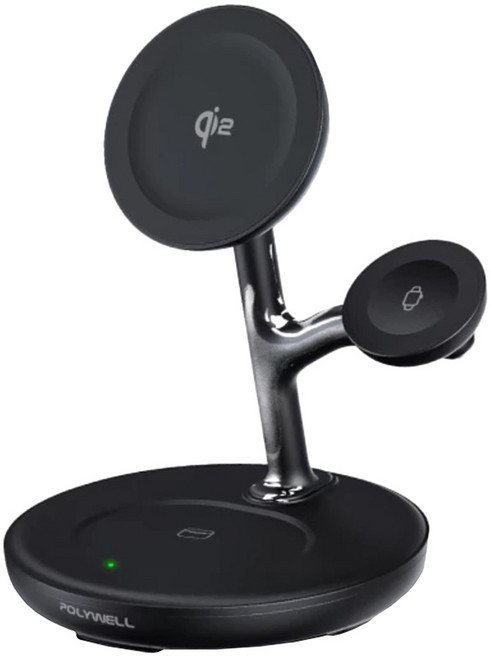 POLYWELL 寶利威爾 Qi2多功能磁吸無線充電支架 適用iPhone/Apple Watch/Airpods, 黑色, 1個