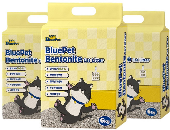 블루펫 먼지없는 벤토나이트 고양이 모래, 6kg, 3개, 무향