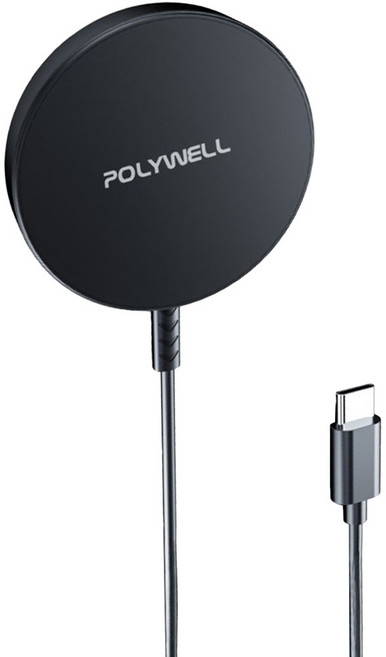 POLYWELL 寶利威爾 15W無線磁吸充電盤 適用MagSafe/iPhone/Airpods/Qi充電 USB-C 2M, 黑色, 1個