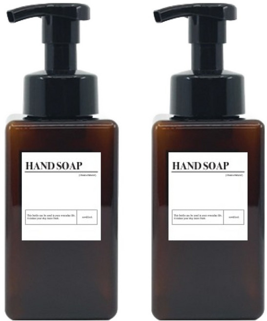 뉴앤룩 욕실 핸드워시 디스펜서 사각 공병 리필용기 거품타입 450ml 2p + HAND SOAP 라벨 2p 세트, 브라운(용기), 1세트