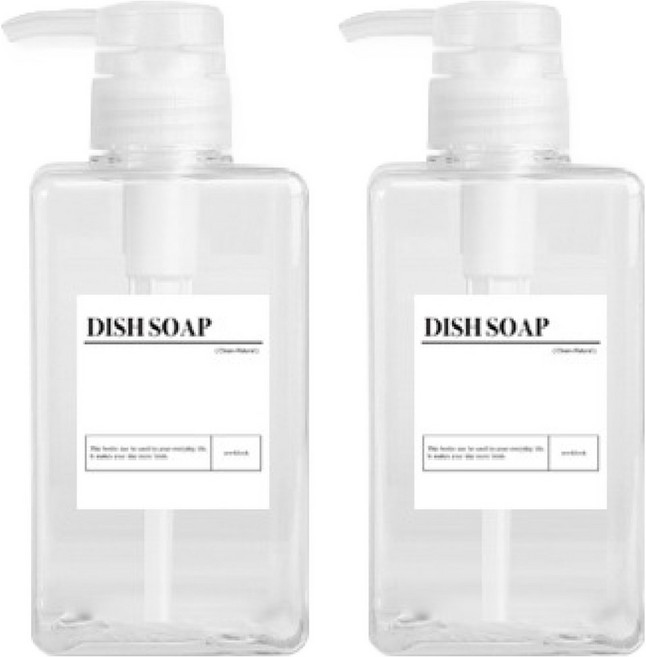 뉴앤룩 욕실 디스펜서 사각 공병 주방세제 리필용기 액상타입 450ml x 2p + DISH SOAP 라벨 2p 세트, 투명(용기), 1세트