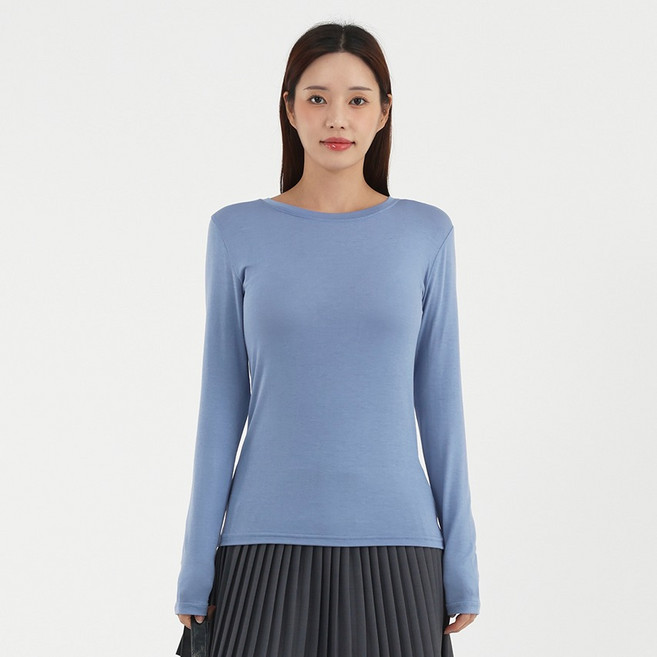 엘쏘 여성용 모달 스판 레귤러핏 라운드 심플 무지 데일리 긴팔티셔츠