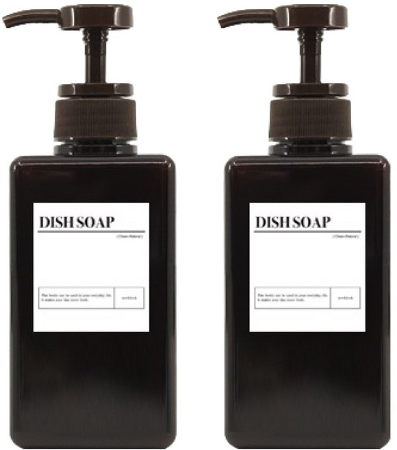 뉴앤룩 욕실 디스펜서 사각 공병 주방세제 리필용기 액상타입 450ml x 2p + DISH SOAP 라벨 2p 세트, 브라운(용기), 1세트