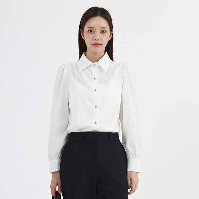 엘쏘 여성용 실키 골드 버튼 클래식 카라 블라우스