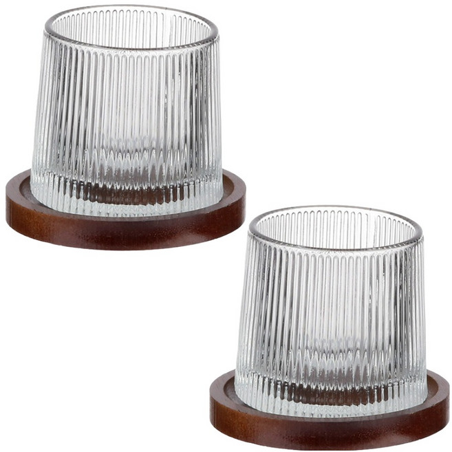 플라라 회전형 글라스 언더락 롤링 위스키잔 + 코스터 세트 플리츠, 2세트