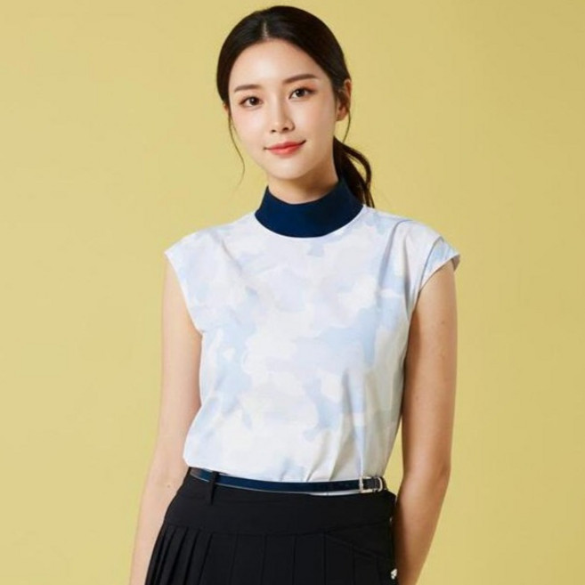 HALEY 여성용 카모 프린트 하프넥 핀턱 민소매 티셔츠 HUBWT1109