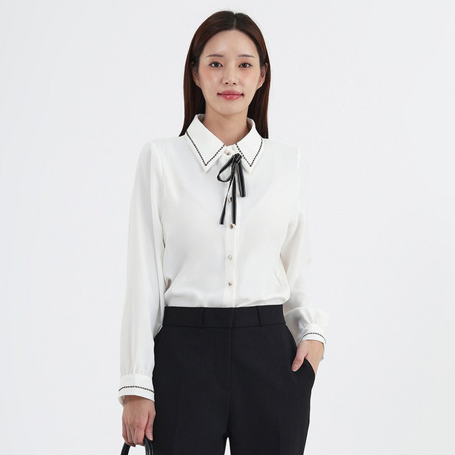 엘쏘 여성용 배색 스티치 리본 포인트 블라우스