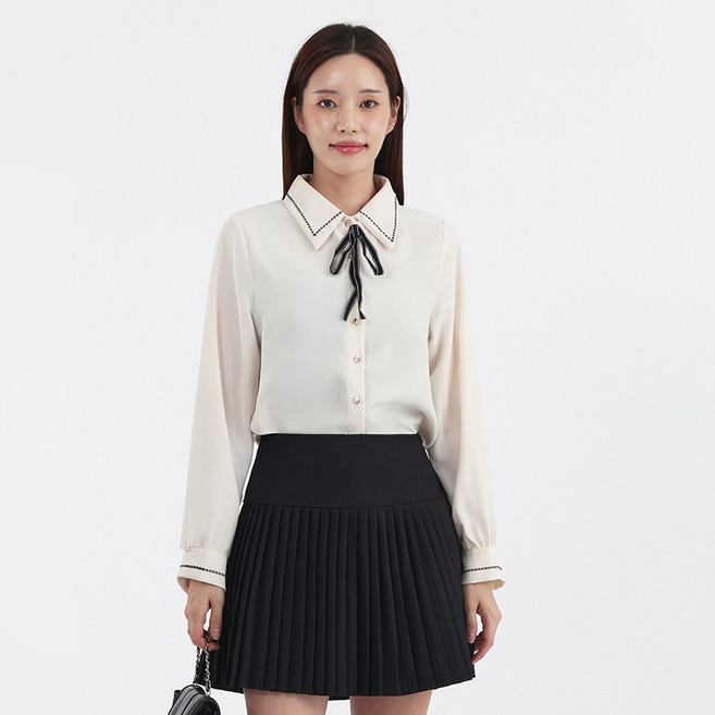 엘쏘 여성용 배색 스티치 리본 포인트 블라우스