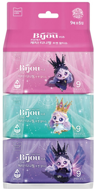 데이데이비쥬 티니핑 모나리자 프린세스 캐치 티니핑 레전드핑 포켓 물티슈 랜덤발송 휴대형, 6개, 9매, 45g