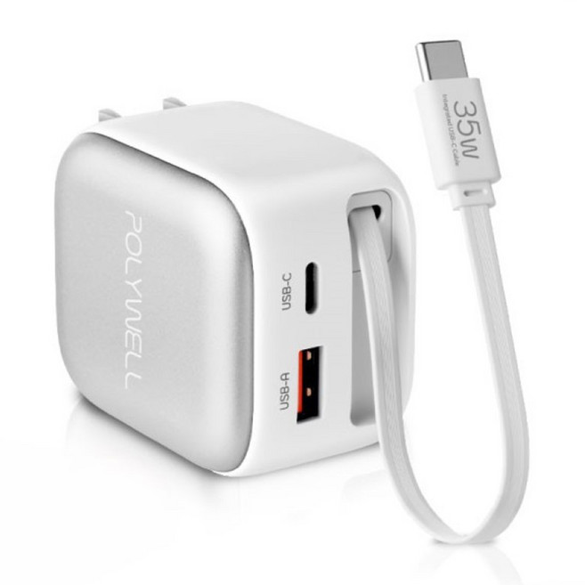 POLYWELL 寶利威爾 Type-C伸縮線快充頭 35W Type-C + USB-A PD/QC快充 PW15-T05-A205, 白色, 1個