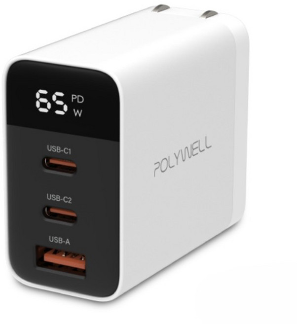 POLYWELL 寶利威爾 GaN氮化鎵數顯三孔PD快充頭 65W Type-C 2個 + USB-A PW15-T05-A194, 白色, 1個