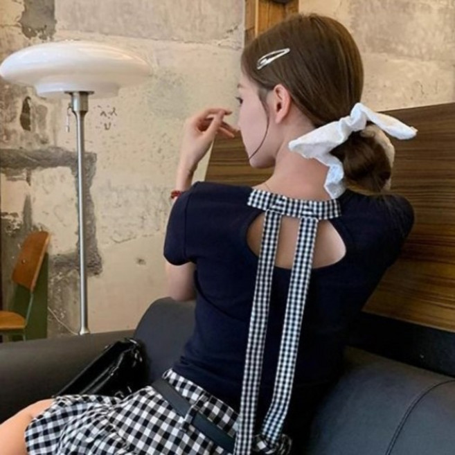 피어니스트 여성용 어깨 스트랩 백리본 반팔 티셔츠