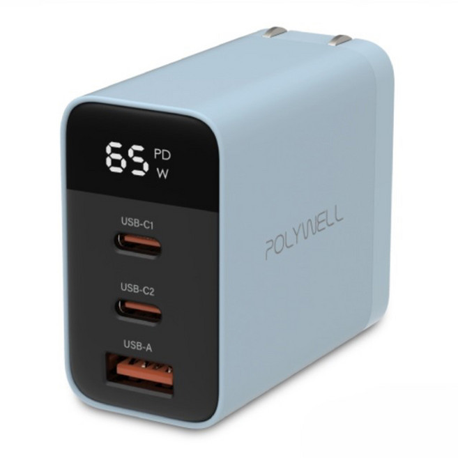 POLYWELL 寶利威爾 GaN氮化鎵數顯三孔PD快充頭 65W Type-C 2個 + USB-A PW15-T05-A195, 藍色, 1個