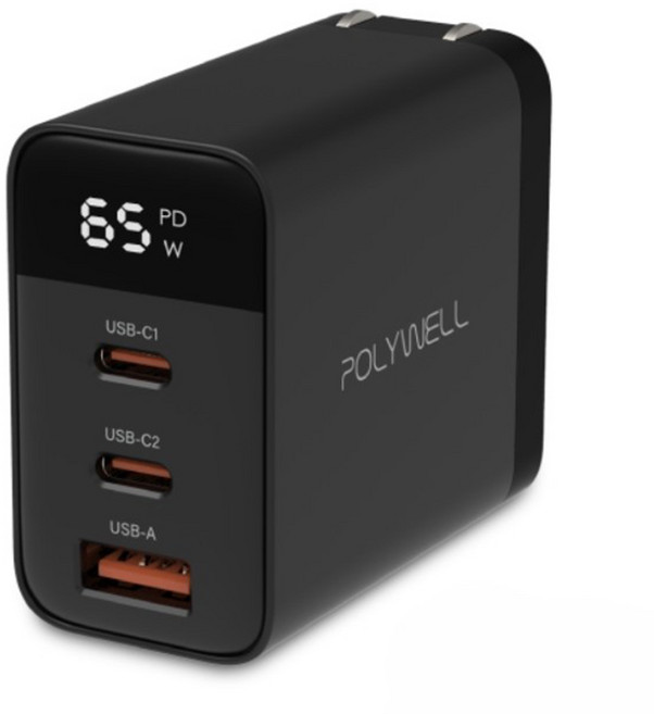 POLYWELL 寶利威爾 65W 3-Port GaN 充電器 PD Fast Charging Digital Display Foldable Plug 黑色