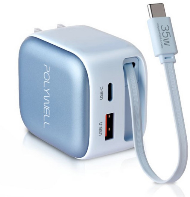 POLYWELL 寶利威爾 Type-C伸縮線快充頭 35W Type-C + USB-A PD/QC快充 PW15-T05-A206, 藍色, 1個