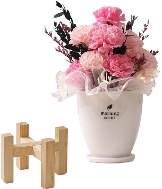 morningscent 조화 비누꽃 카네이션 무드등 화분 + 쇼핑백 세트, 핑크, 1개