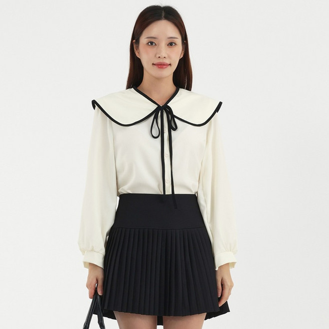 엘쏘 여성용 배색 라인 리본 세일러 카라 블라우스