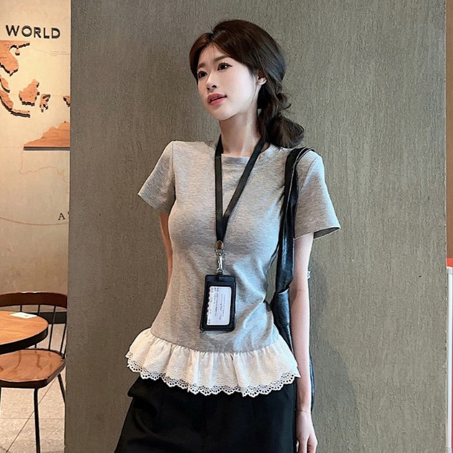 피어니스트 여성용 러블리 하단 레이스핏 반팔 티셔츠