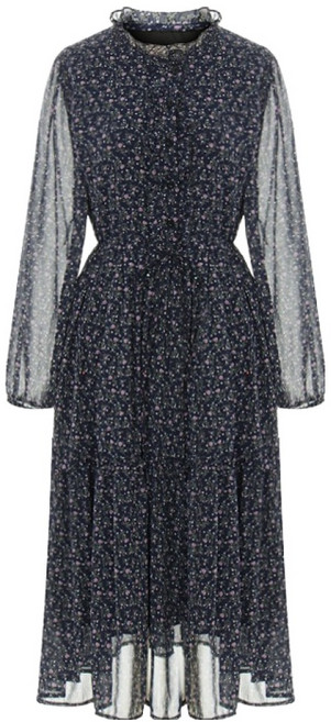 Sellys 碎花雪紡抓皺長版連身裙 I6A-COP014, 海軍藍