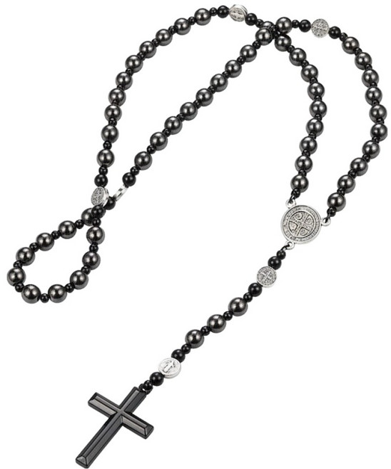 마다꾸미 천주교 5단 가톨릭 성물 십자가형 묵주 목걸이, 흑담석, 1개