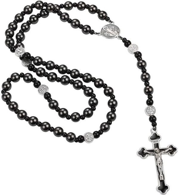 마다꾸미 천주교 5단 가톨릭 성물 십자가형 묵주 목걸이, 흑담석, 합금, 1개