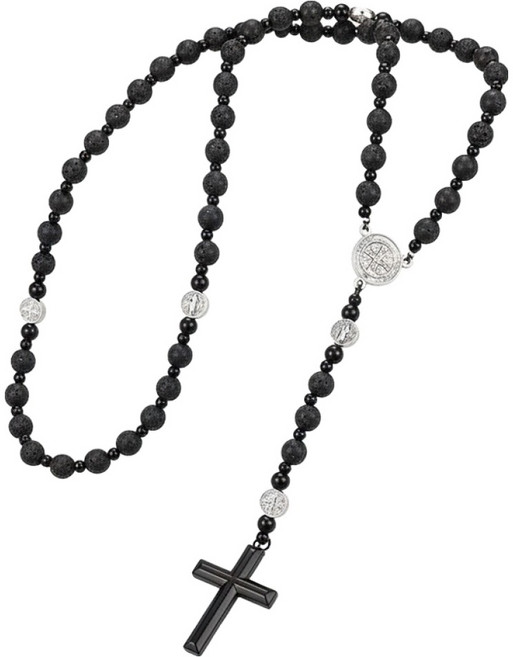 마다꾸미 천주교 5단 가톨릭 성물 십자가형 묵주 목걸이, 화산암, 1개