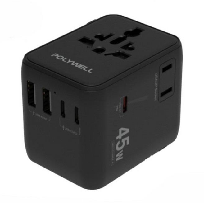 POLYWELL 寶利威爾 45W 5-Port 萬國旅行轉接器 充電器 PD Fast Charging 2500W Max Safety Protection 黑色