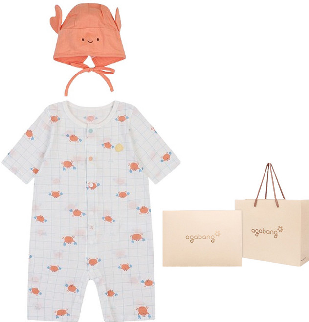 아가방 신생아용 크랩 뱀부 7부 우주복 + 모자 + 포장+ 쇼핑백 선물세트