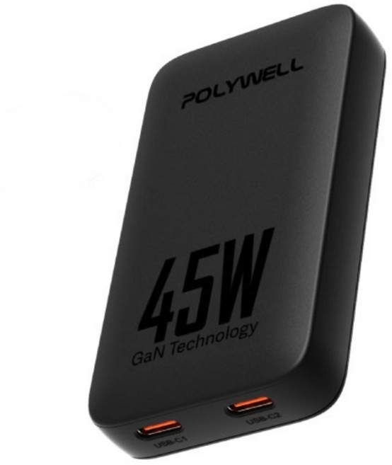 POLYWELL 寶利威爾 45W雙Type-C輕薄型快充頭 電源供應器 GaN氮化鎵, 黑色, 1個