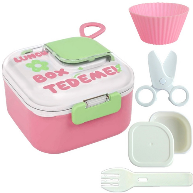 쑥쑥 나눔도시락 + 가위 + 포크 + 소스통 세트, 핑크(핸들), 1세트