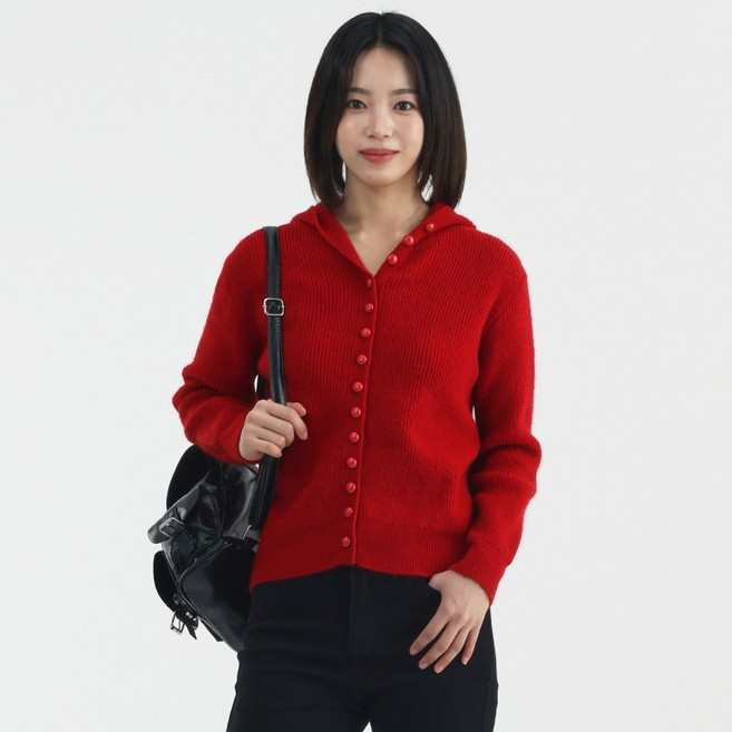 엘쏘 여성용 컬러 버튼 디테일 니트 후드 가디건