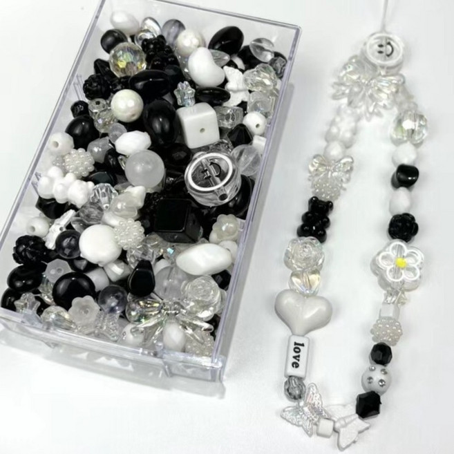 윰스 폰꾸 스트랩 장식 비즈 키링 DIY 키트, 블랙, 1세트