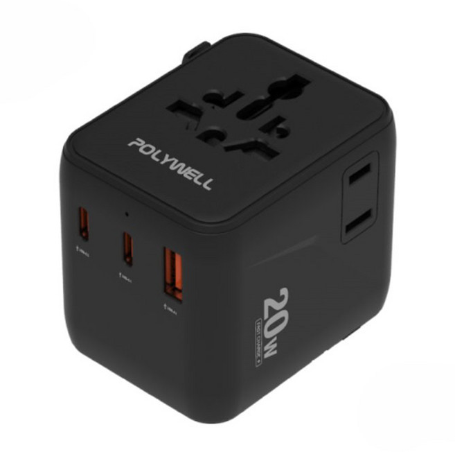 POLYWELL 寶利威爾 無美規 雙AC插座 + 雙C + USB快充 多國旅行充電轉接頭/萬國旅行充 20W, 1個