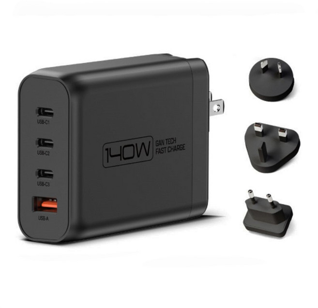 POLYWELL 寶利威爾 140W電源供應器 可充筆電 Type-C 3個 + USB-A 附多國轉接頭 3個 + 240W Type-C轉Type-C 充電線 PW15-T05-A106, 黑色, 1個