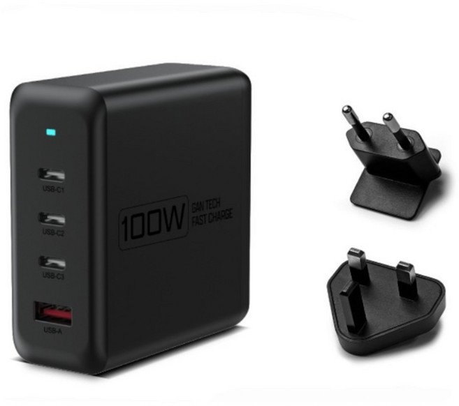 POLYWELL 寶利威爾 100W電源供應器 可充筆電 Type-C 3個 + USB-A 附多國轉接頭 2個, 黑色, 1個