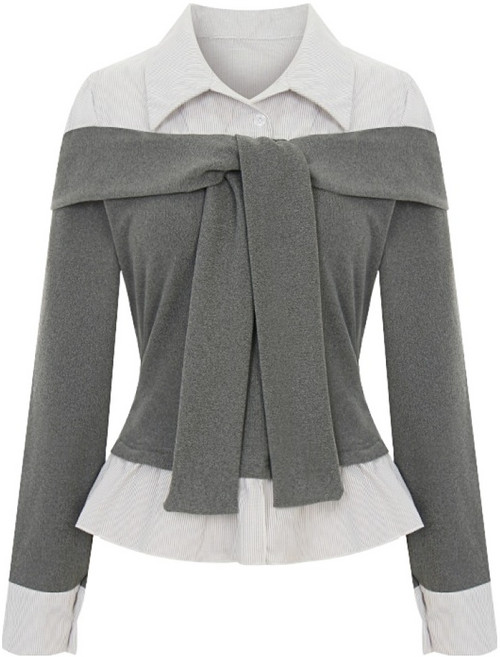 티뷰 오프숄더 셔츠 배색 블라우스 V6A-CBL022