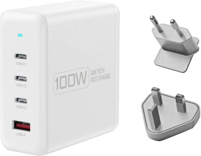 POLYWELL 寶利威爾 100W電源供應器 可充筆電 Type-C 3個 + USB-A 附多國轉接頭 2個, 白色, 1個
