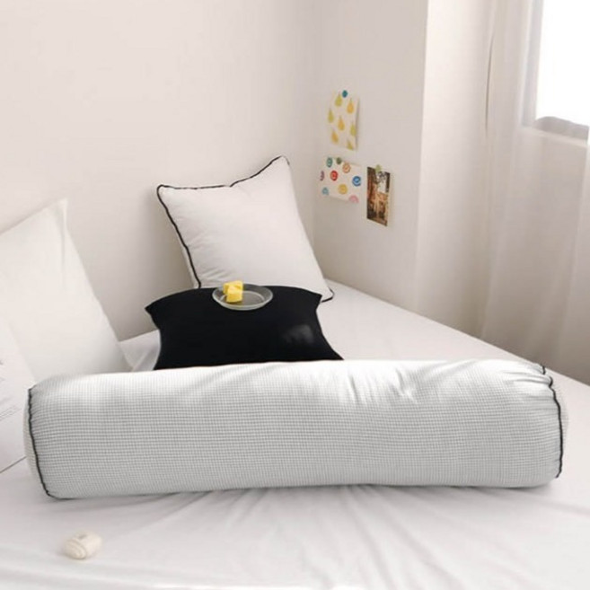 까사베르데 포어스 디자인 체크 바디필로우 원형 롱쿠션 솜포함 커버, 잉크 블랙 체크