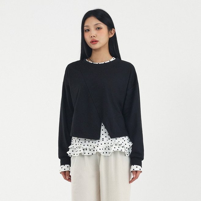 엘쏘 여성용 절개 크롭 라운드넥 긴팔 핏예쁜 맨투맨