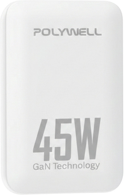 POLYWELL 寶利威爾 45W雙Type-C輕薄型快充頭 電源供應器 GaN氮化鎵, 白色, 1個