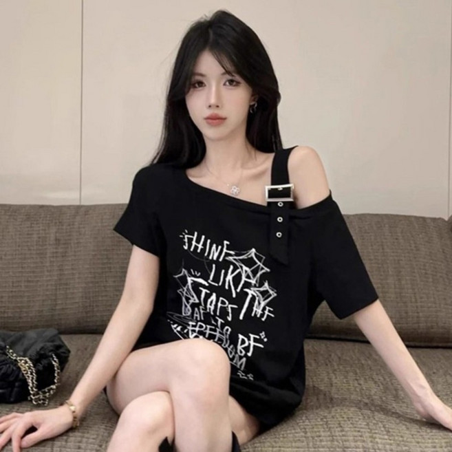 PEONIST 女款露肩腰帶寬鬆版短袖T恤
