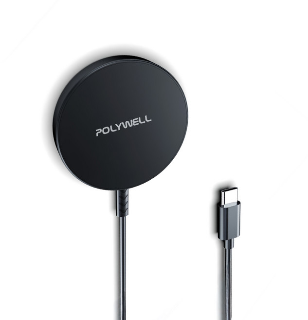 POLYWELL 寶利威爾 15W無線磁吸充電盤 適用MagSafe/iPhone/Airpods/Qi充電 USB-C 1.2m, 黑色, 1個