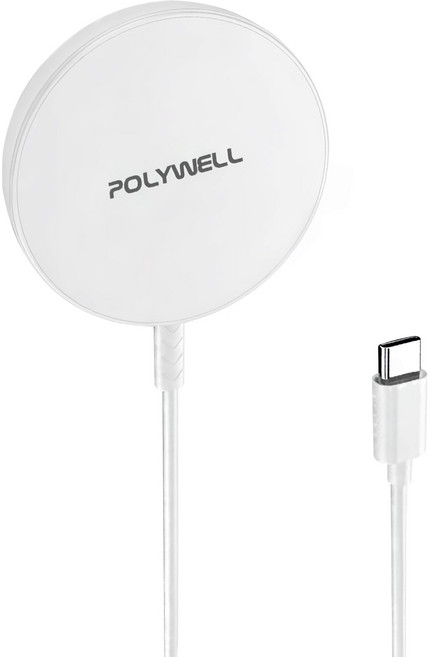 POLYWELL 寶利威爾 15W無線磁吸充電盤 適用MagSafe/iPhone/Airpods/Qi充電 USB-C 1.2m, 白色, 1個