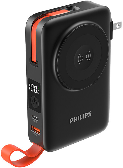 PHILIPS 飛利浦 伸縮線多合一行動電源 10000mAh Type-C + USB-A, 黑色, DLP4352