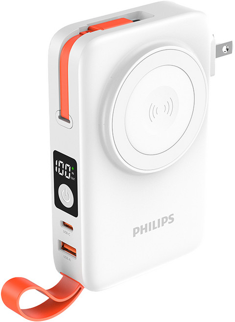 PHILIPS 飛利浦 伸縮線多合一行動電源 10000mAh Type-C + USB-A, 白色, DLP4352
