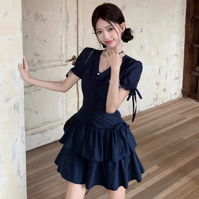 피어니스트 브이넥 리본매듭 플리츠 미니 원피스