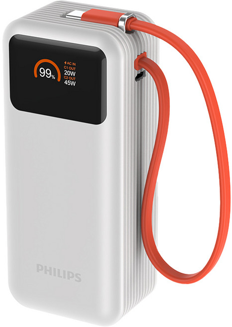 PHILIPS 飛利浦 FunCube 自帶線行動電源 10000mAh 65W Type-C, 白色, DLP6351