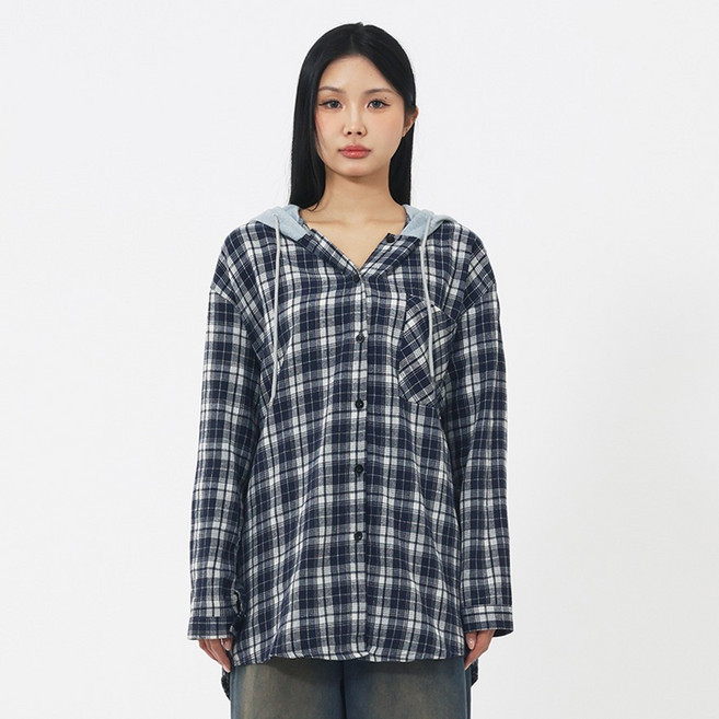 엘쏘 여성용 루즈핏 체크 후디 셔츠