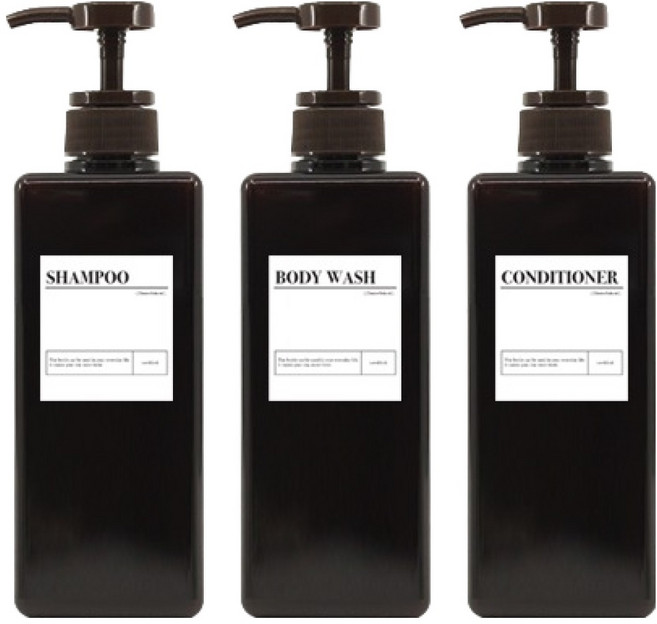 샴푸디스펜서 사각 욕실 리필용기 액상타입 650ml x 3p + 라벨스티커 3종 세트, 브라운, 1세트