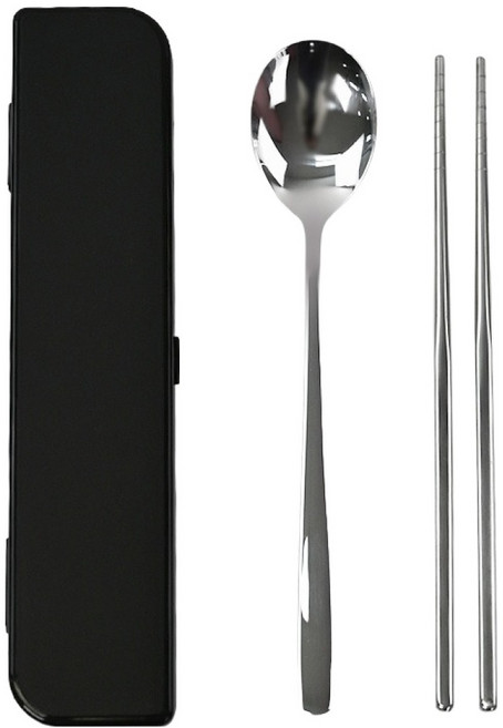 키친유 무소음 휴대용 도시락 스텐 수저 + 수저통 세트, 블랙, 1세트, 숟가락 + 젓가락 + 케이스